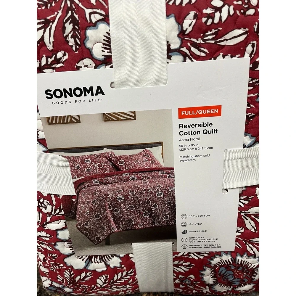 Sonoma Full Queen Reversible Cotton Quilt Asma Floral Quilted‎ 90 x 95 Red Black